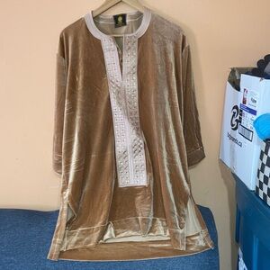 Men's Velvet Embroidered Tunic Shirt - Tan
